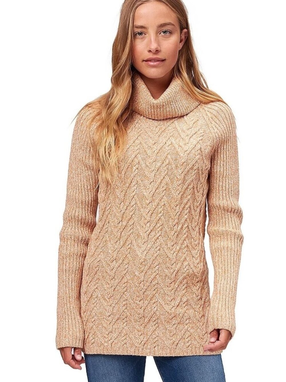 Royal Robbins Frost II gold & white cable knit cowl neck sweater, EUC, size M